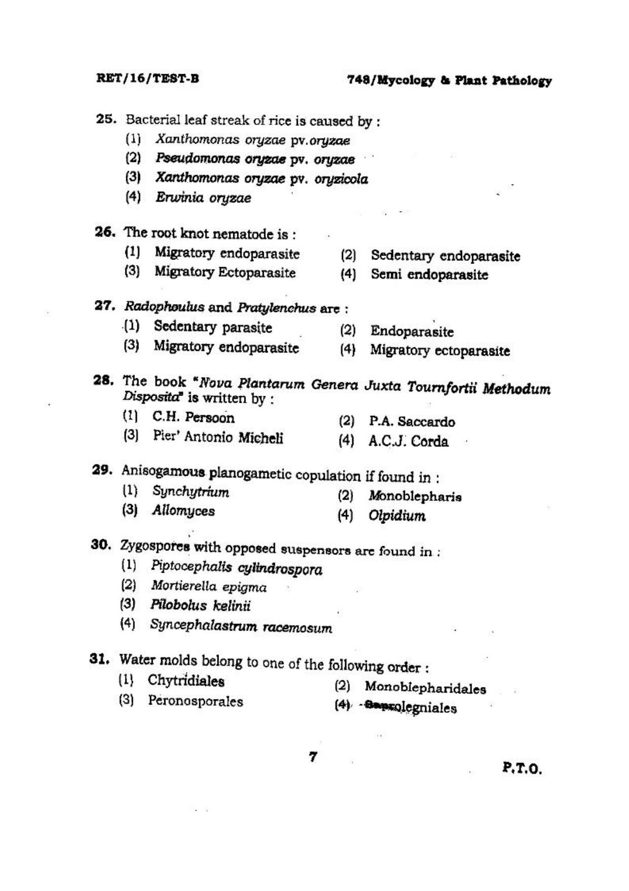 BHU RET (Agriculture) Mycology & Plant Pathology 2016 Question Paper - Page 7