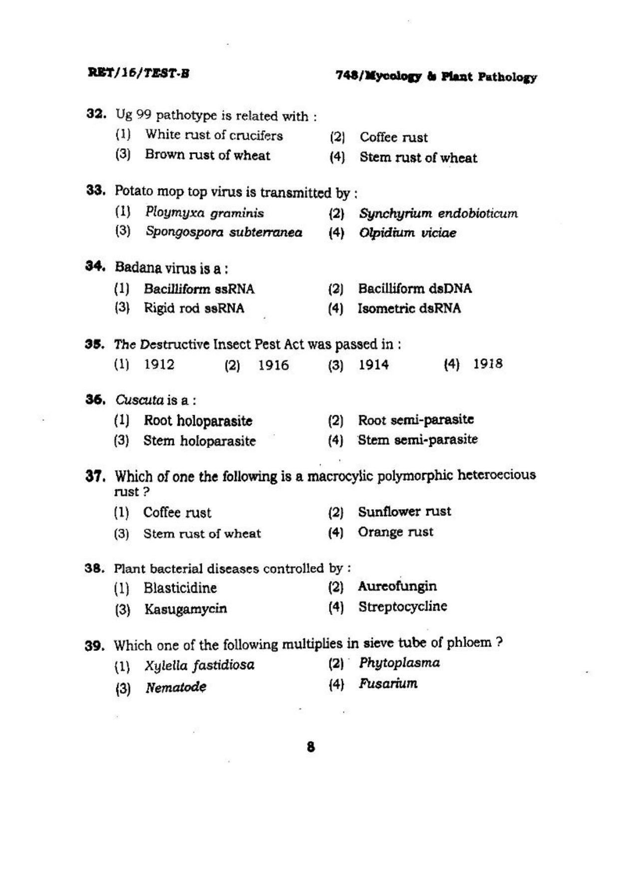 BHU RET (Agriculture) Mycology & Plant Pathology 2016 Question Paper - Page 8