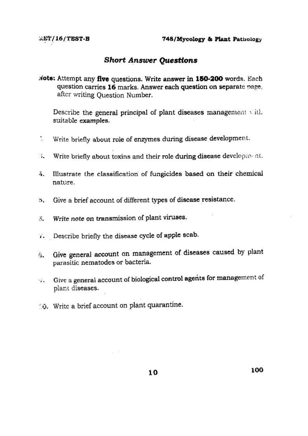 BHU RET (Agriculture) Mycology & Plant Pathology 2016 Question Paper - Page 10