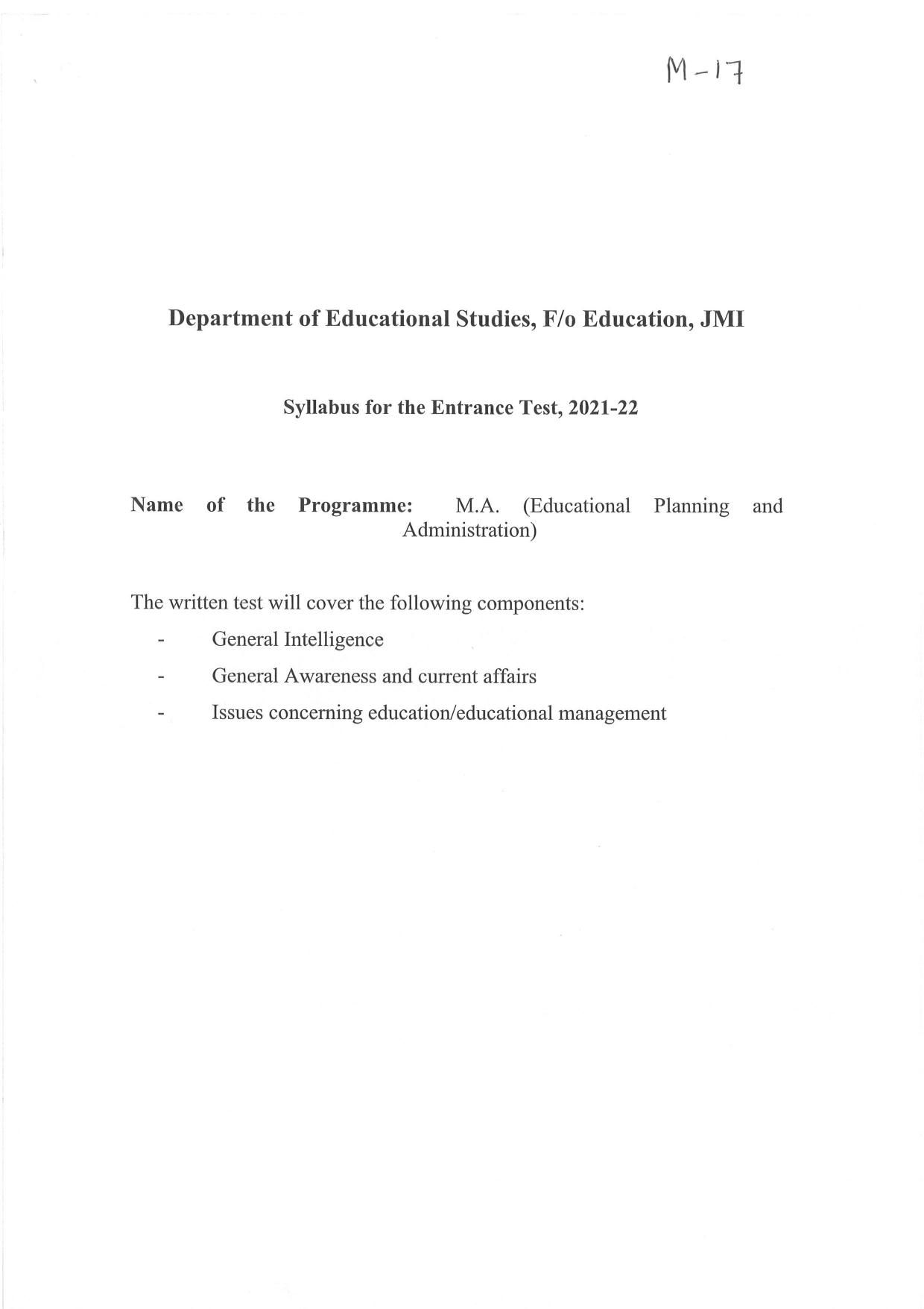 JMI Entrance Exam M17-M.A.(Educational Planning & Administration) Syllabus - Page 1