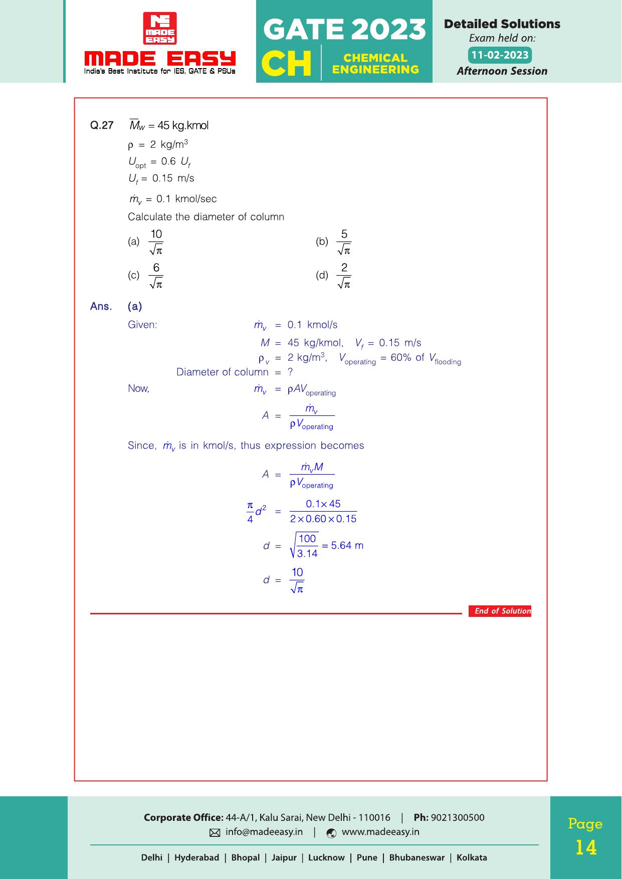 GATE 2023 Chemical Engineering (CH) Question Paper (Made Easy) - Page 19