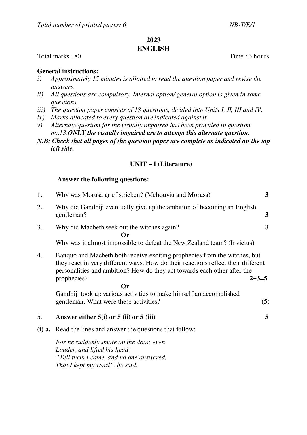 Nagaland Board NBSE Class 10 /  HSLC 2023 Question Paper (All Subjects) - Page 1