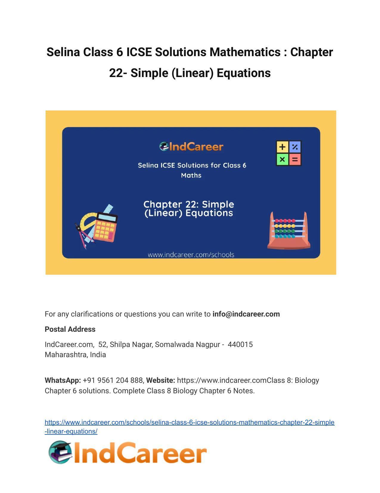 Selina Class 6 ICSE Solutions Mathematics : Chapter 22- Simple (Linear) Equations - Page 1
