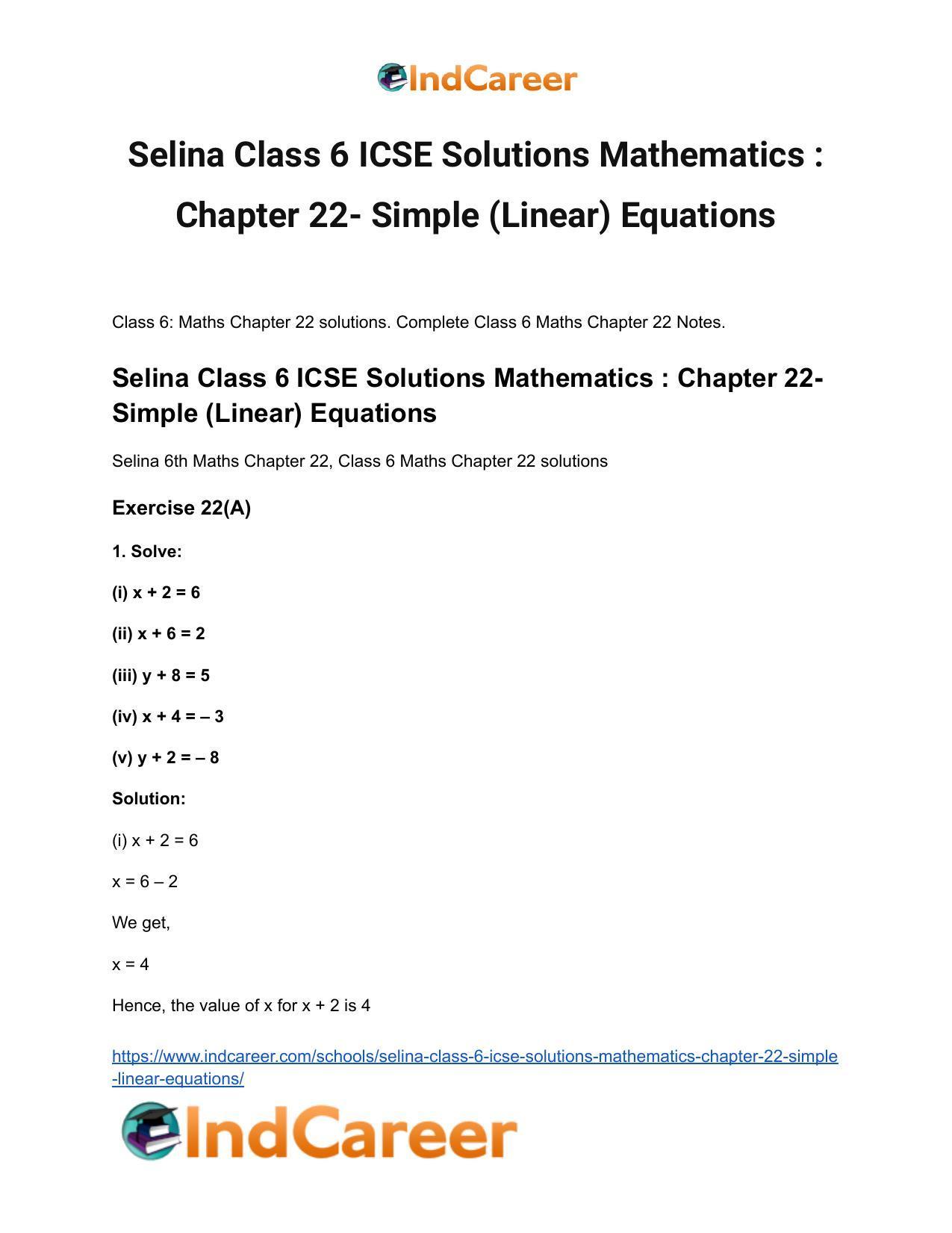 Selina Class 6 ICSE Solutions Mathematics : Chapter 22- Simple (Linear) Equations - Page 2