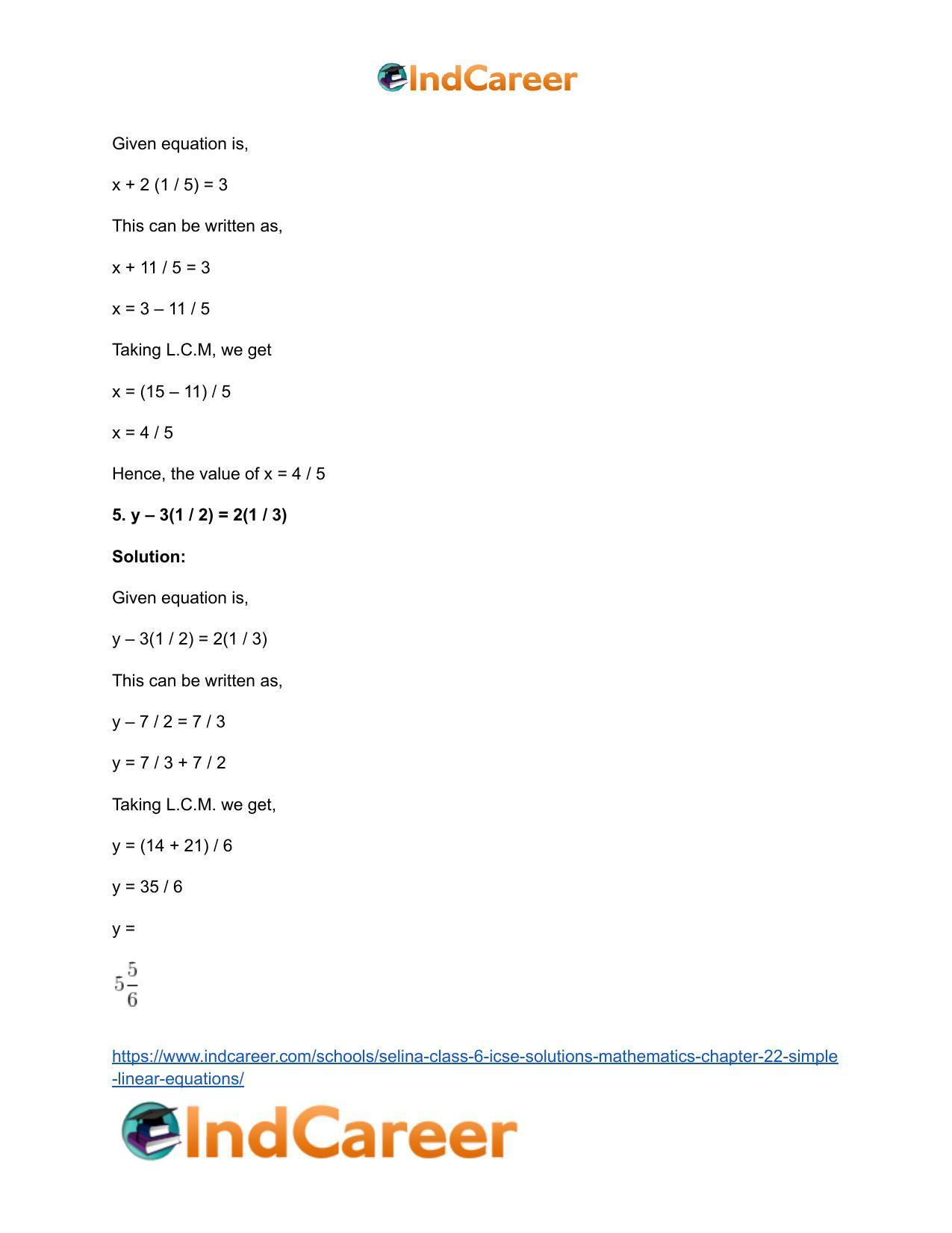 Selina Class 6 ICSE Solutions Mathematics : Chapter 22- Simple (Linear) Equations - Page 18