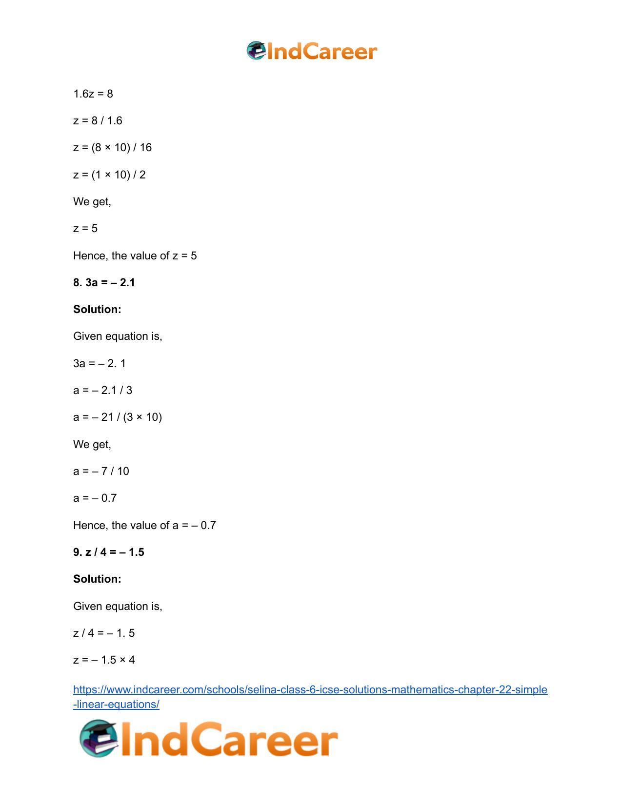 Selina Class 6 ICSE Solutions Mathematics : Chapter 22- Simple (Linear) Equations - Page 20