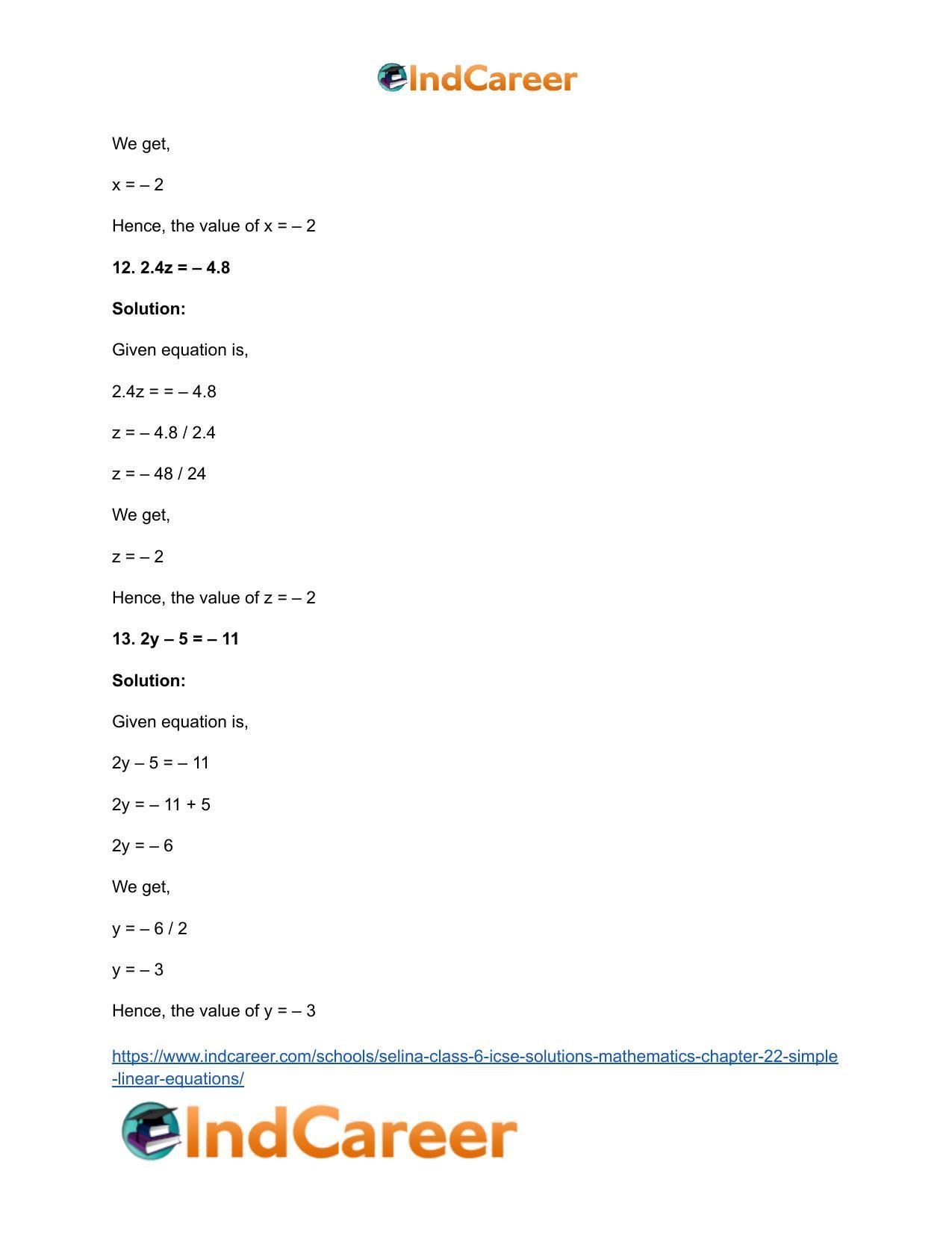 Selina Class 6 ICSE Solutions Mathematics : Chapter 22- Simple (Linear) Equations - Page 22