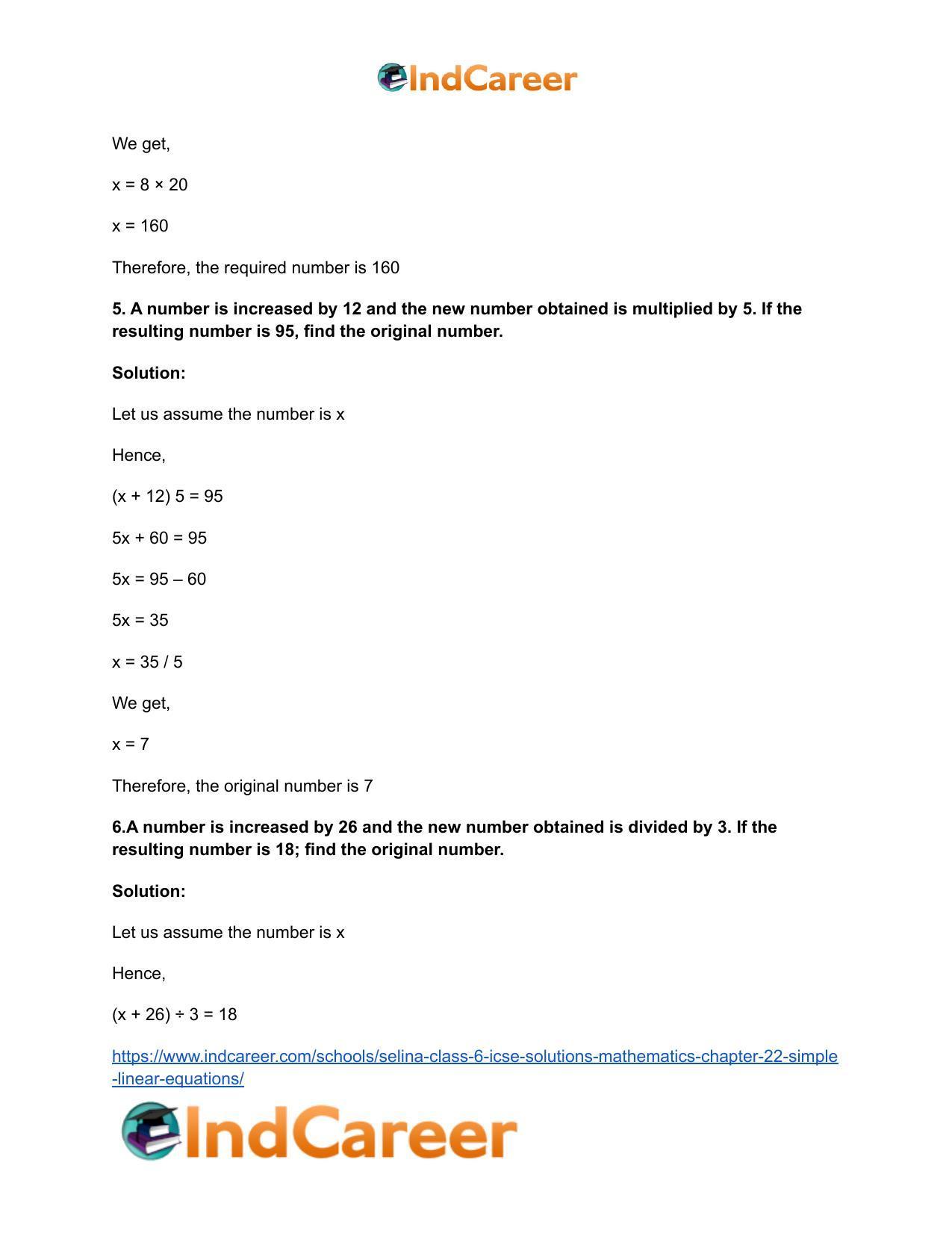 Selina Class 6 ICSE Solutions Mathematics : Chapter 22- Simple (Linear) Equations - Page 26