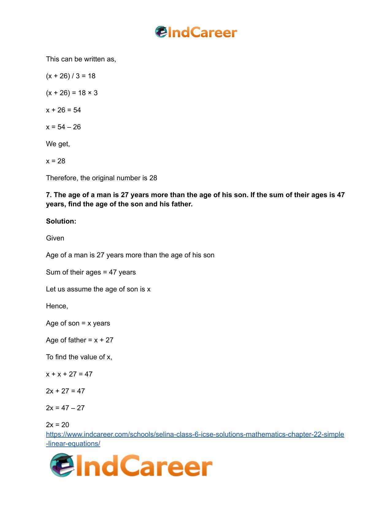 Selina Class 6 ICSE Solutions Mathematics : Chapter 22- Simple (Linear) Equations - Page 27