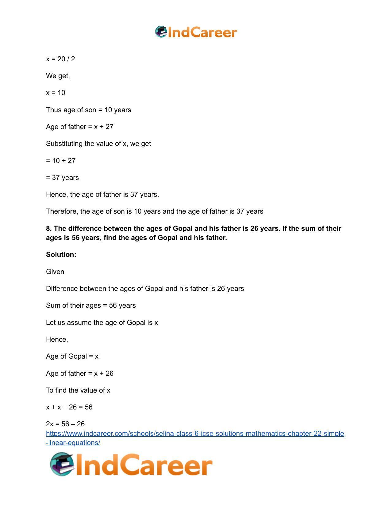 Selina Class 6 ICSE Solutions Mathematics : Chapter 22- Simple (Linear) Equations - Page 28