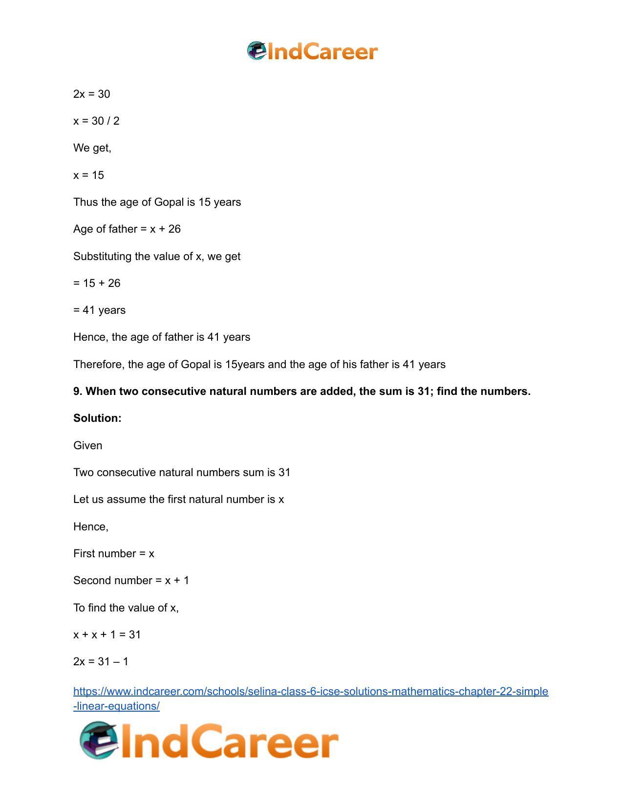 Selina Class 6 ICSE Solutions Mathematics : Chapter 22- Simple (Linear) Equations - Page 29