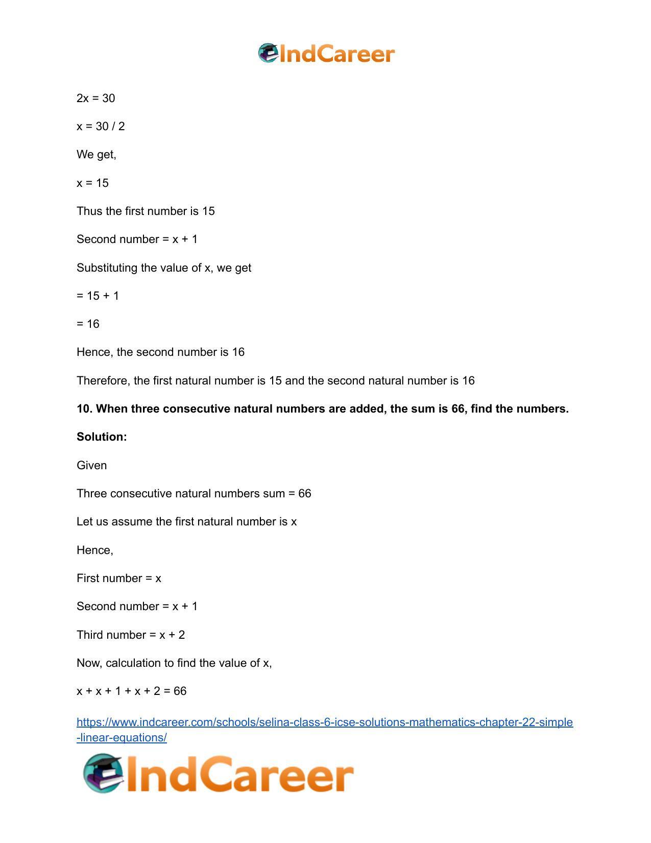 Selina Class 6 ICSE Solutions Mathematics : Chapter 22- Simple (Linear) Equations - Page 30