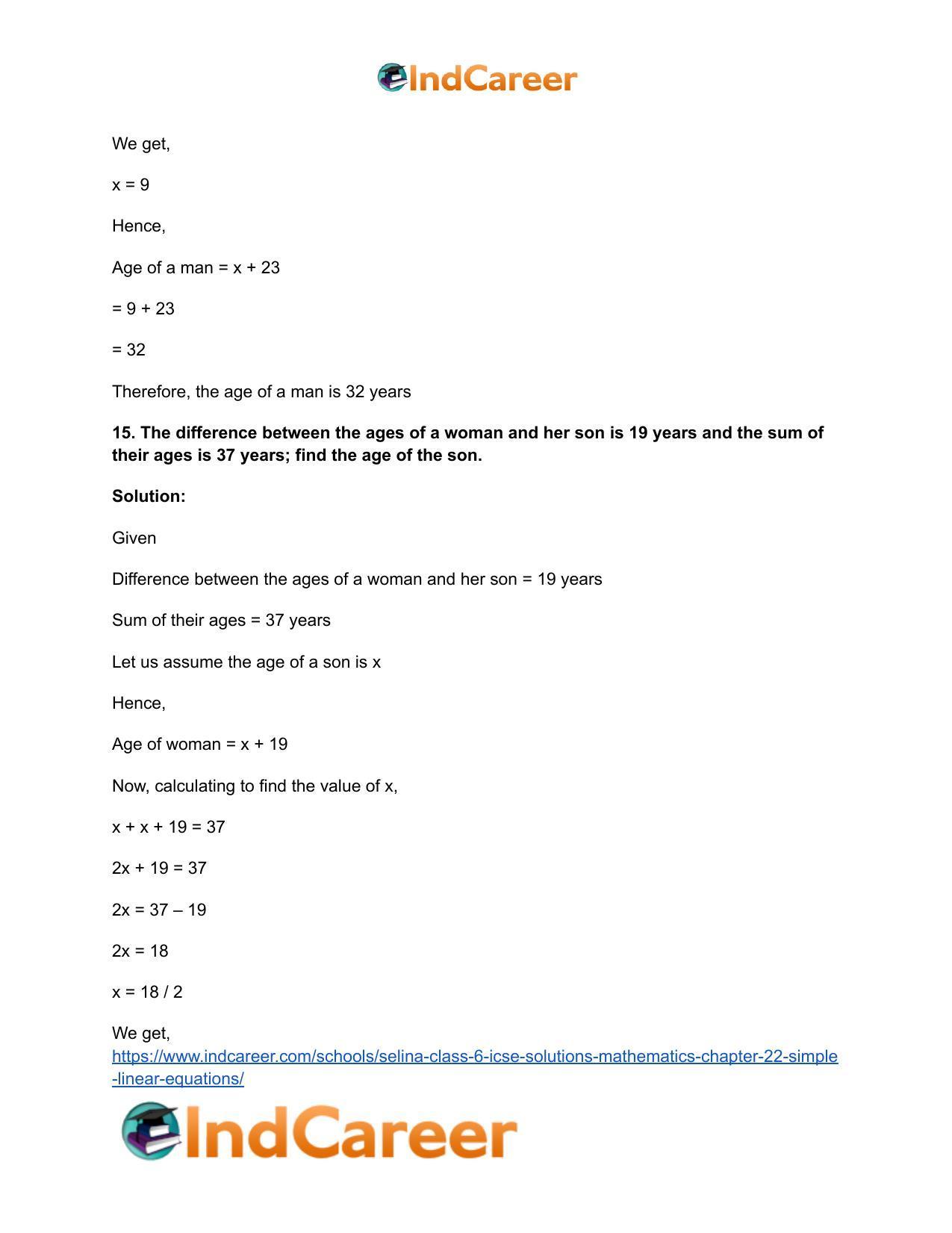 Selina Class 6 ICSE Solutions Mathematics : Chapter 22- Simple (Linear) Equations - Page 34