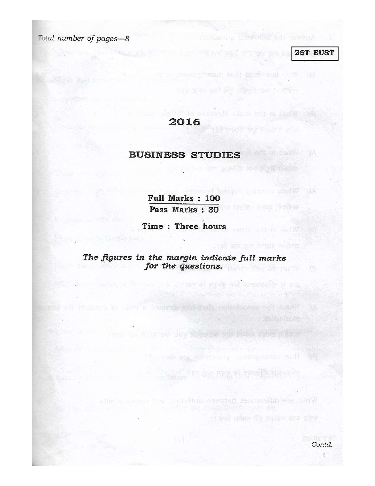 Assam HS 2nd Year Business Studies 2016 Question Paper - Page 1