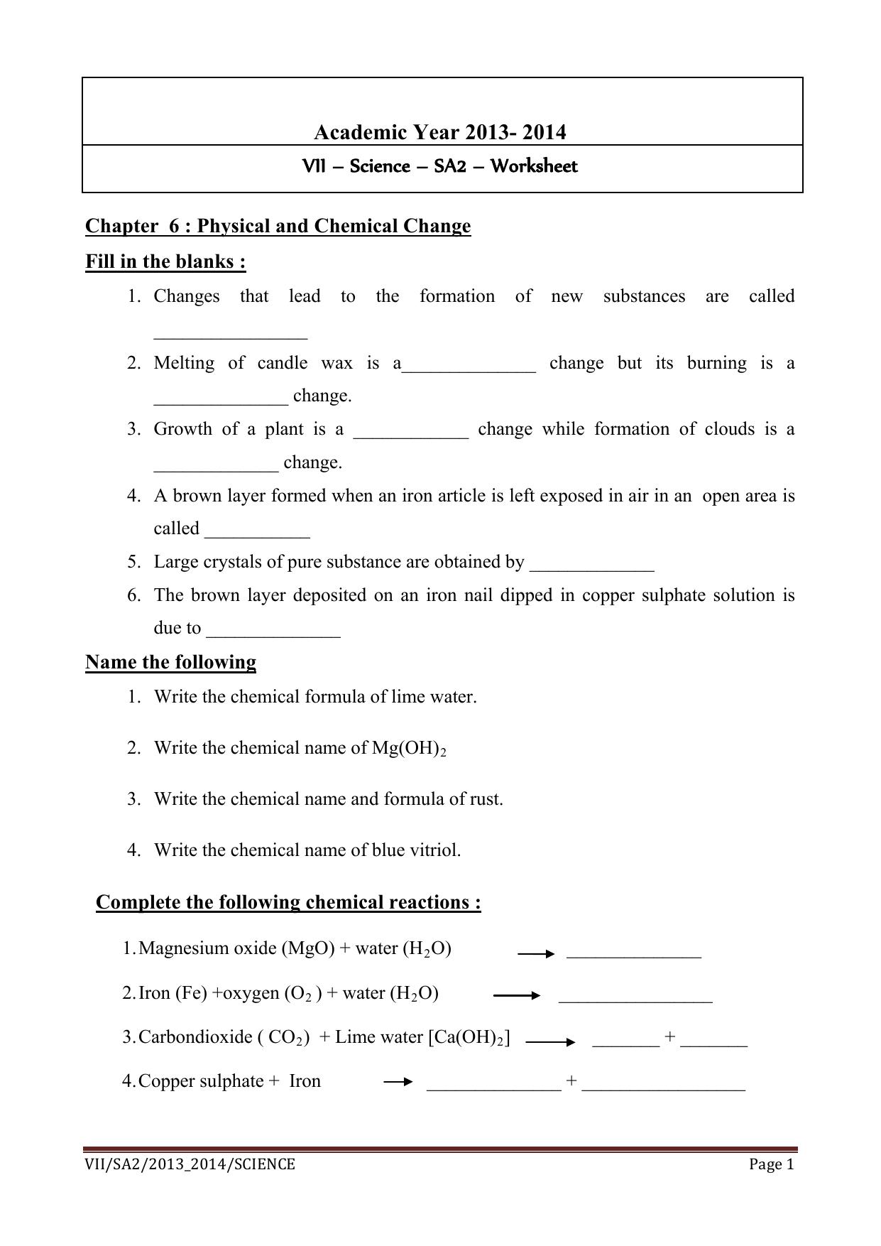 CBSE Worksheets for Class 7 Geography Physical and Chemical Change Assignment - Page 1
