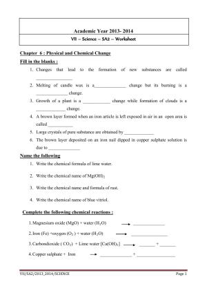 CBSE Worksheets for Class 7 Geography Physical and Chemical Change Assignment