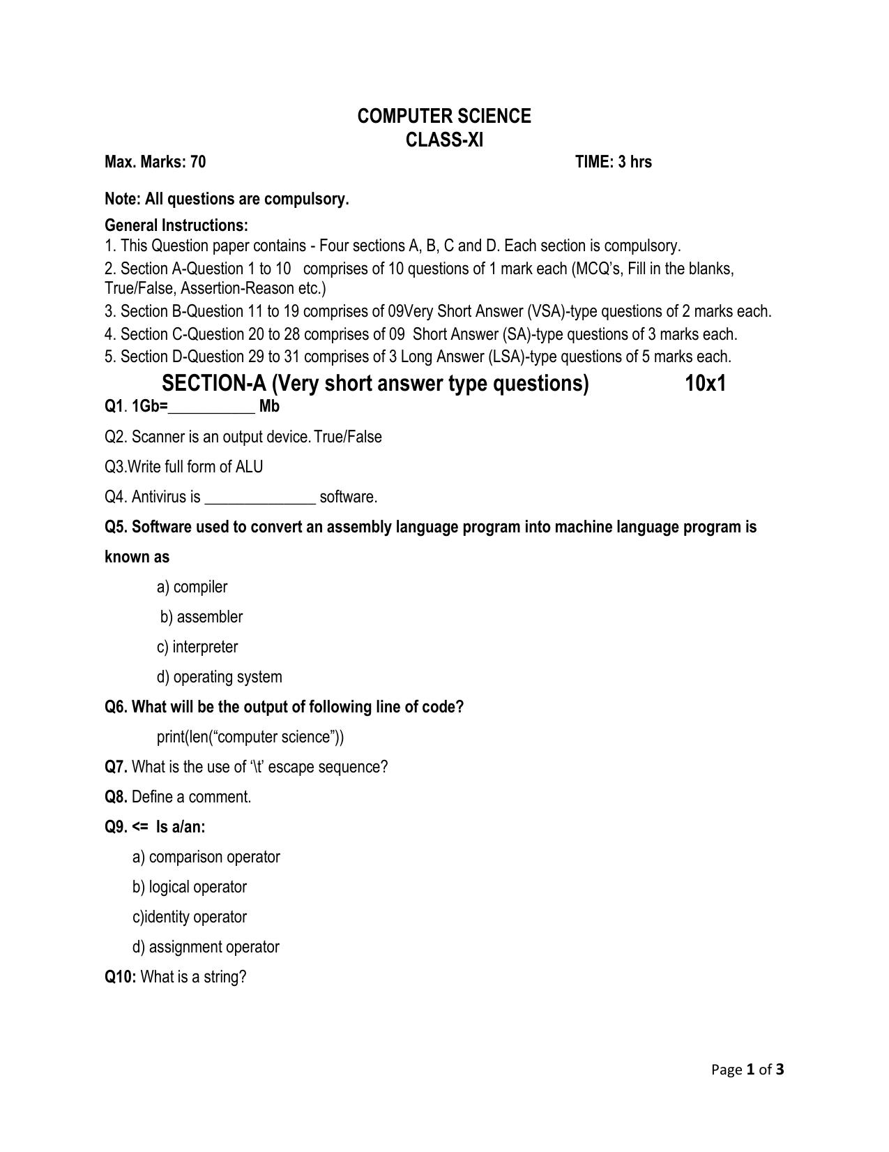 JKBOSE Class 11 COMPUTER SCIENCE Model Question Paper - Page 1