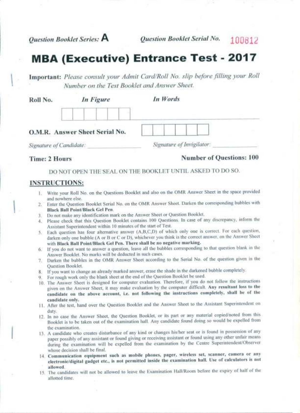 PU USOL MBA (Executive) Entrance Exam 2017 Question Booklet - Page 1