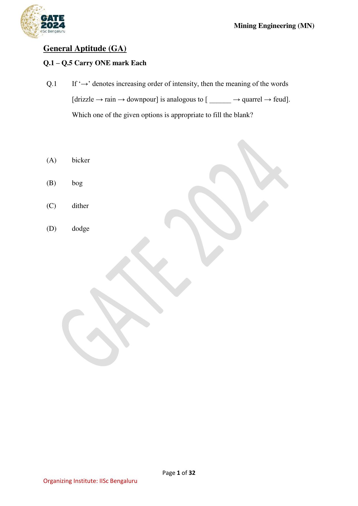 GATE 2024 Mining Engineering (MN) Question Paper - Page 1