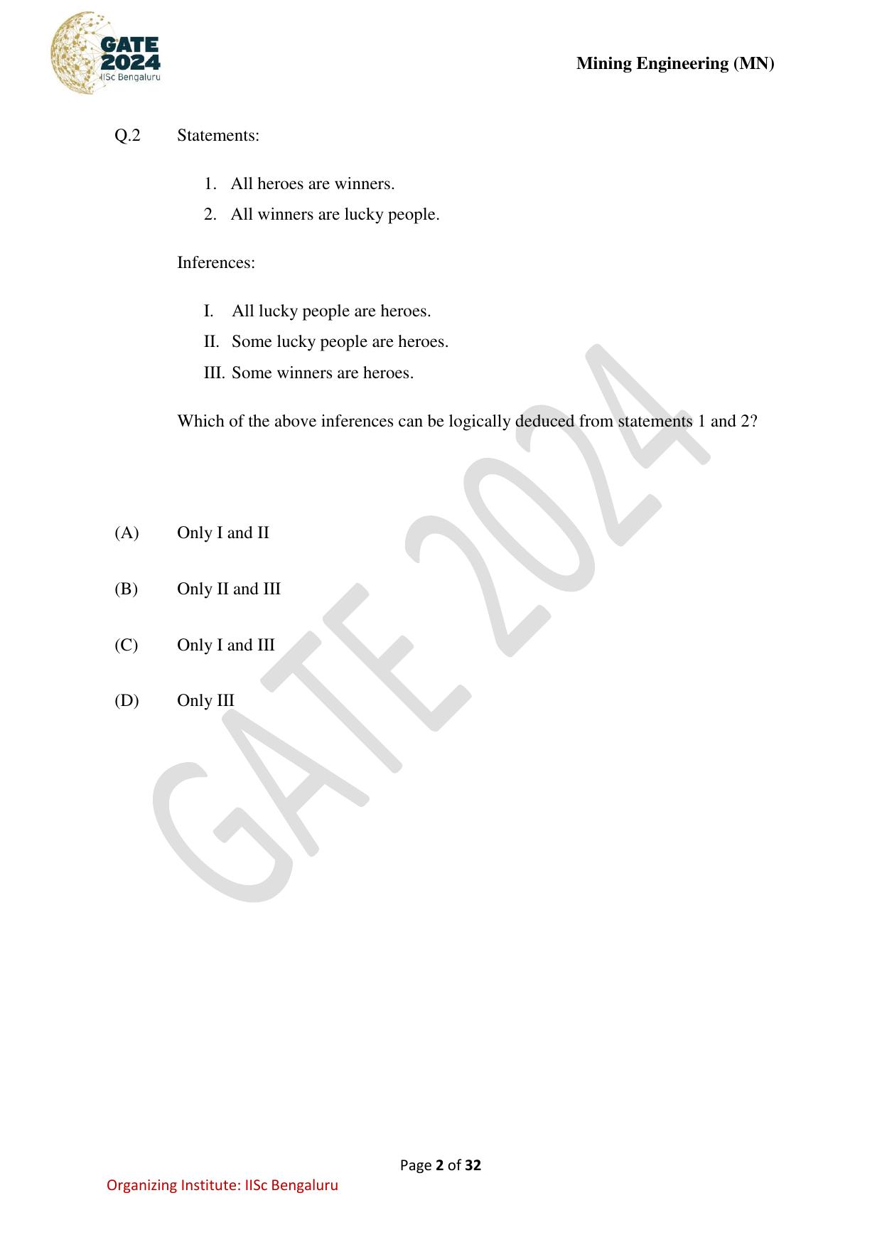 GATE 2024 Mining Engineering (MN) Question Paper - Page 2
