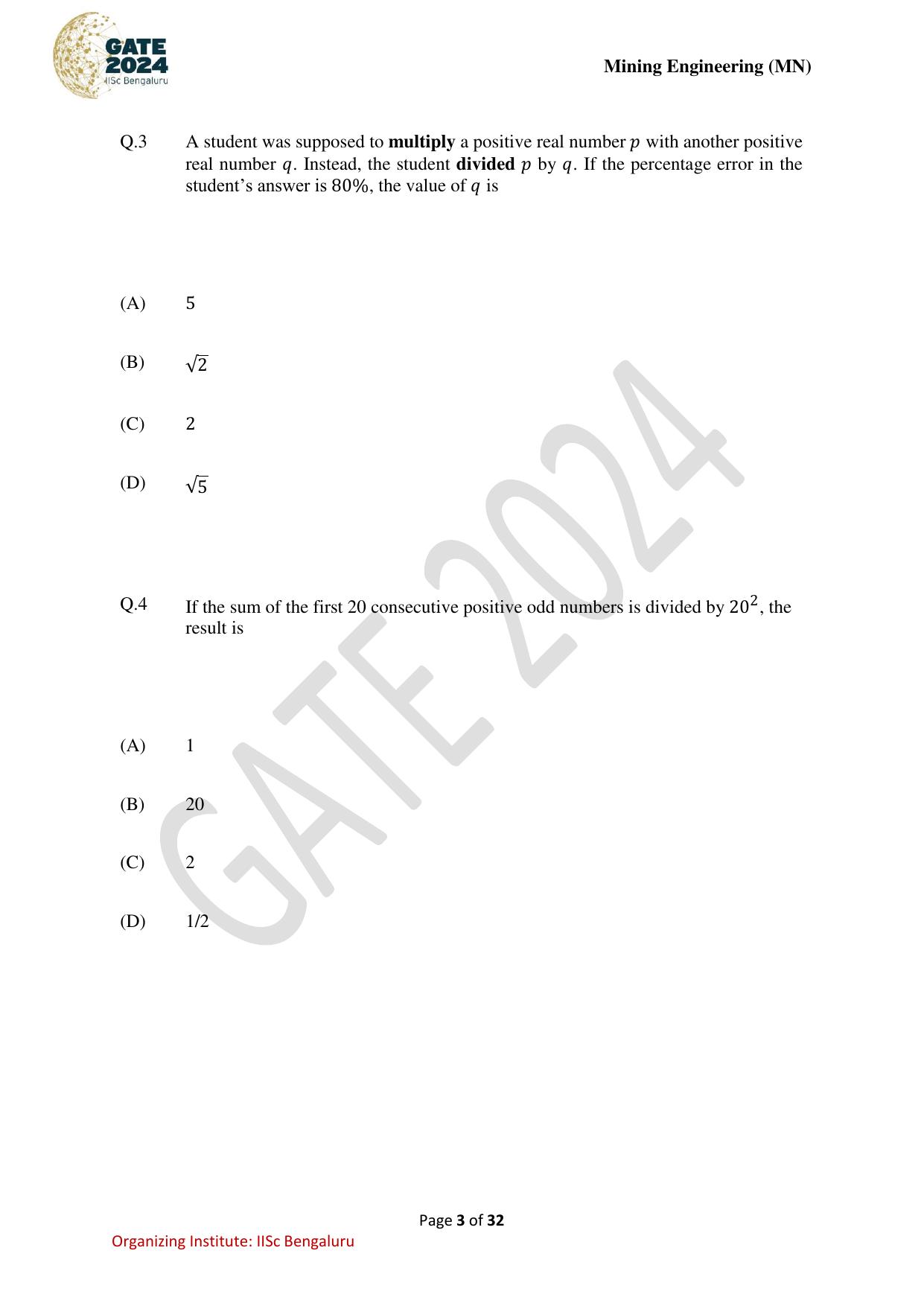 GATE 2024 Mining Engineering (MN) Question Paper - Page 3