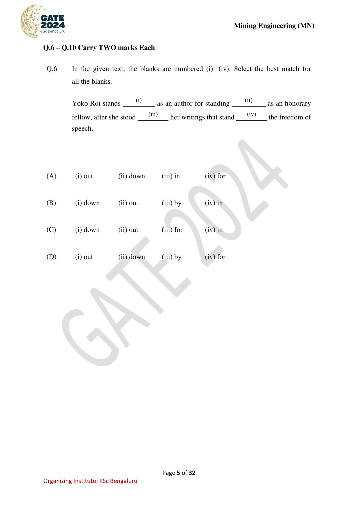 GATE 2024 Mining Engineering (MN) Question Paper - Page 5