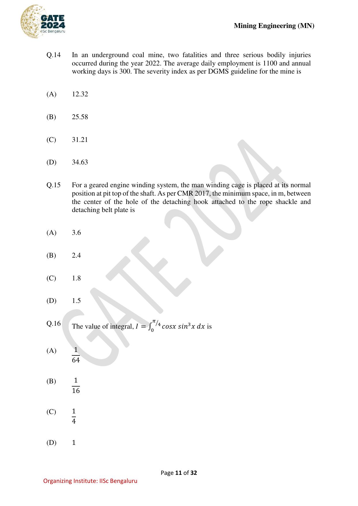 GATE 2024 Mining Engineering (MN) Question Paper - Page 11