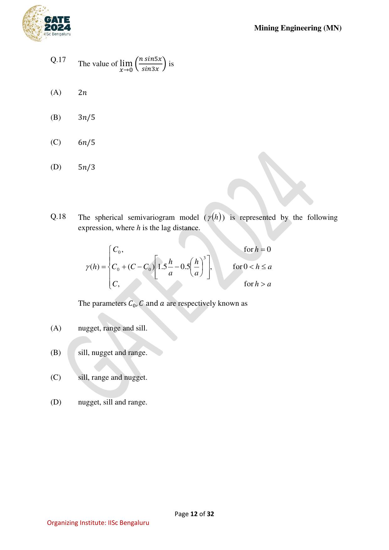 GATE 2024 Mining Engineering (MN) Question Paper - Page 12
