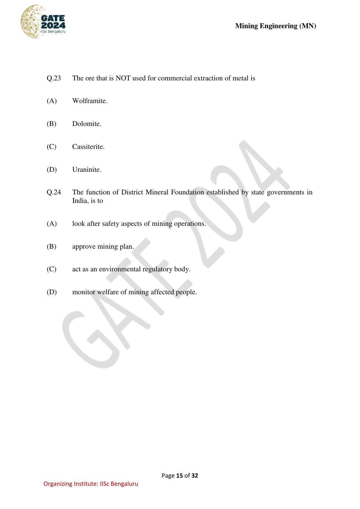 GATE 2024 Mining Engineering (MN) Question Paper - Page 15