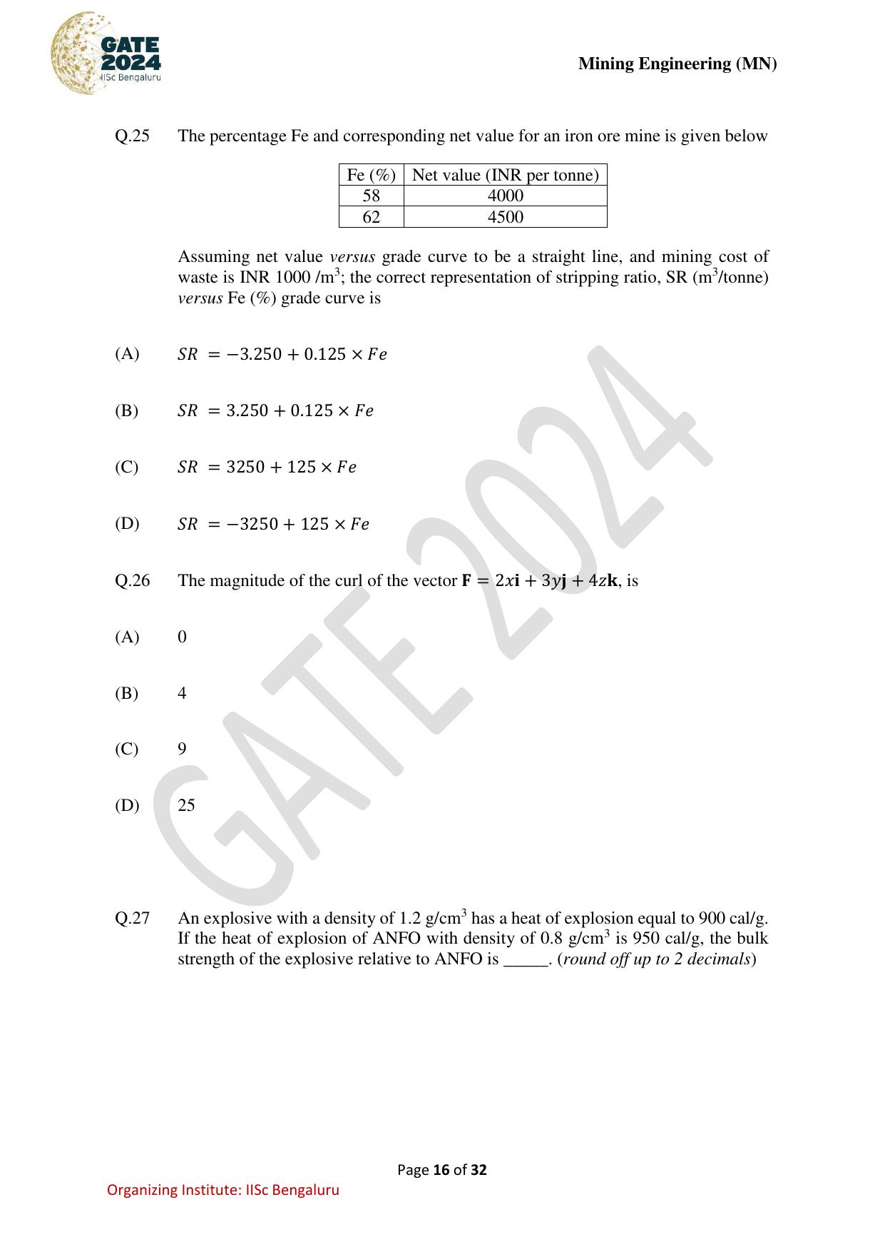 GATE 2024 Mining Engineering (MN) Question Paper - Page 16