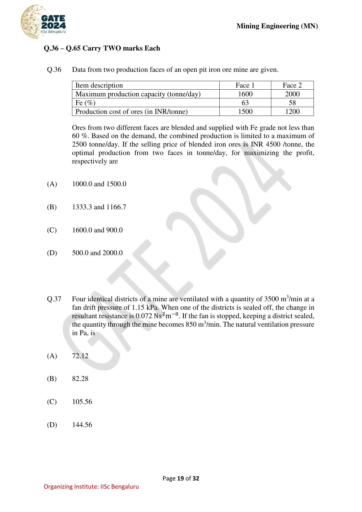 GATE 2024 Mining Engineering (MN) Question Paper - Page 19