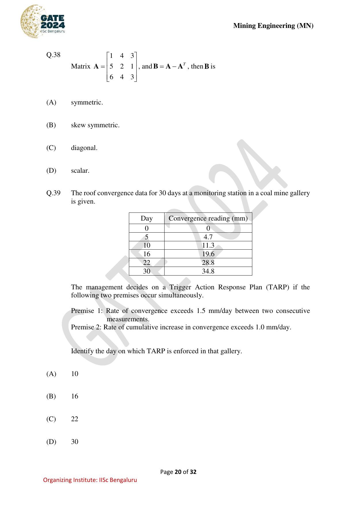 GATE 2024 Mining Engineering (MN) Question Paper - Page 20
