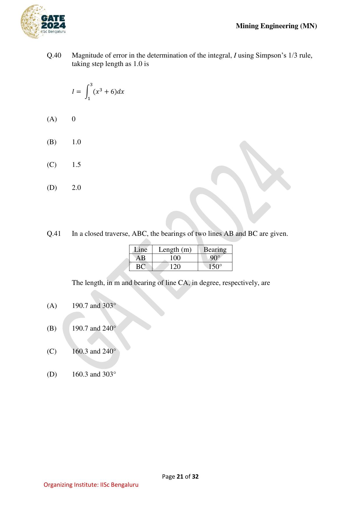 GATE 2024 Mining Engineering (MN) Question Paper - Page 21