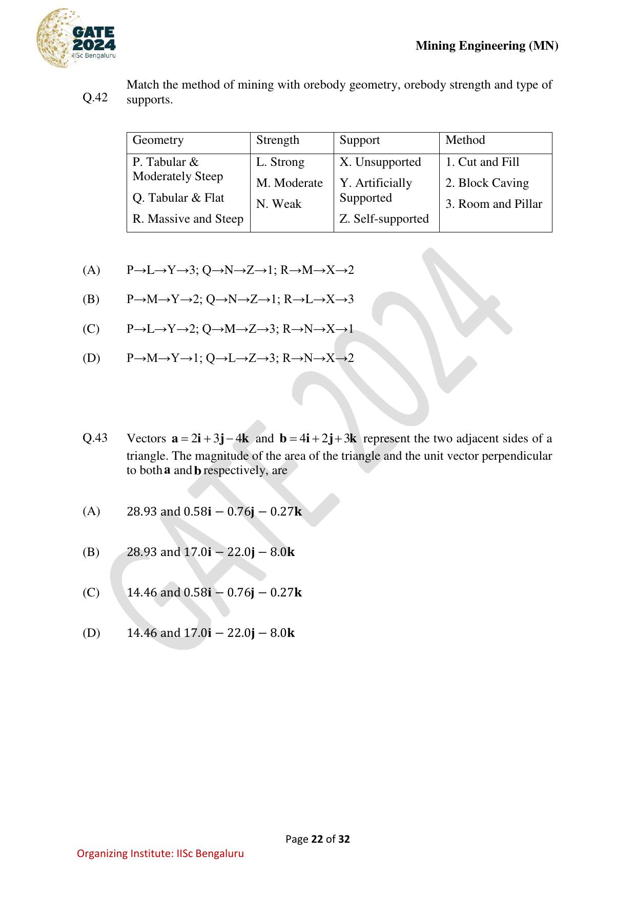 GATE 2024 Mining Engineering (MN) Question Paper - Page 22