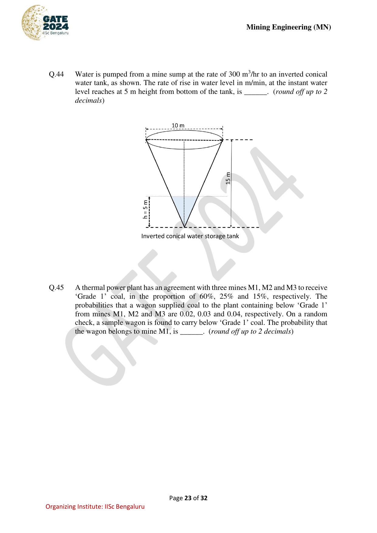 GATE 2024 Mining Engineering (MN) Question Paper - Page 23