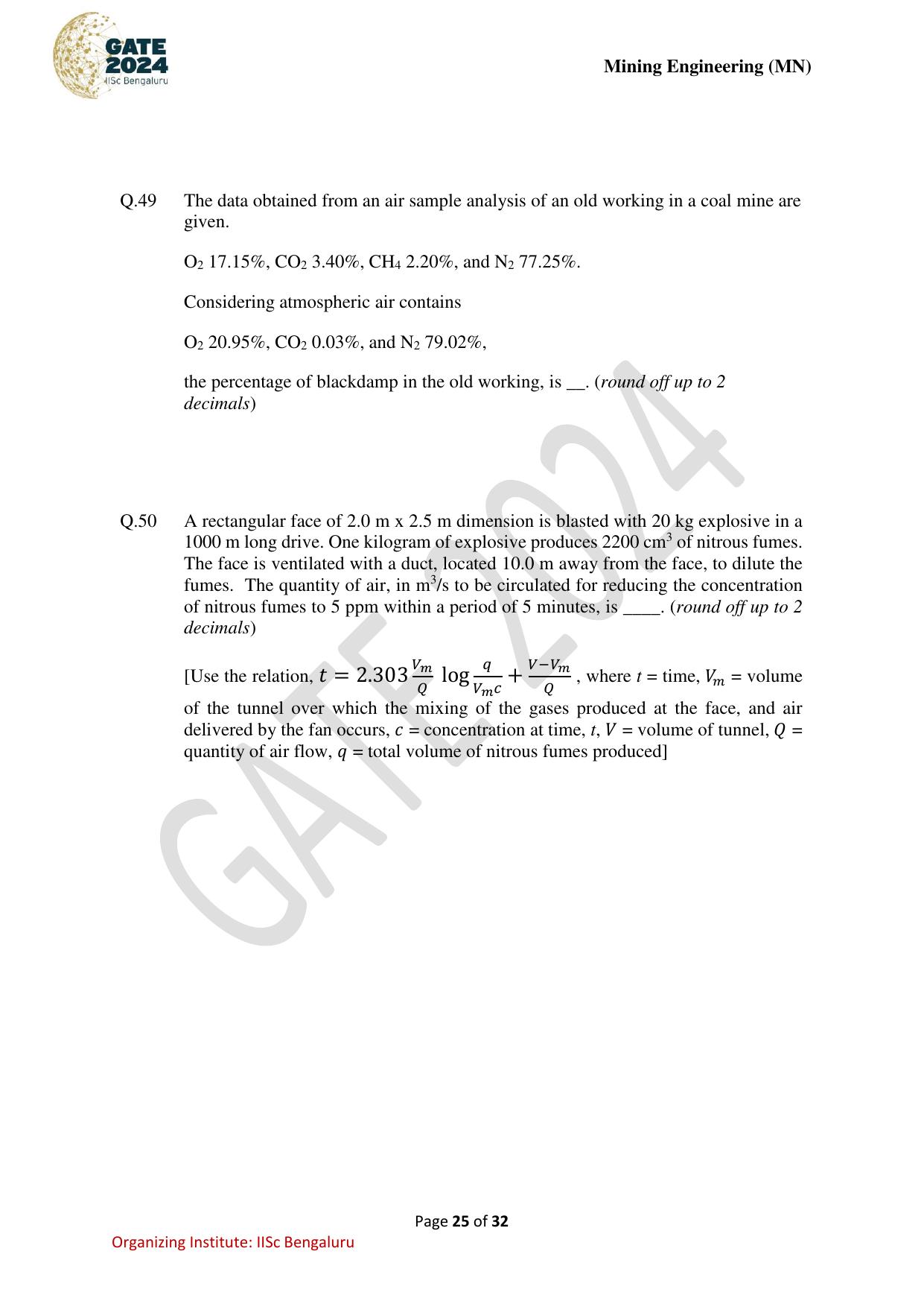 GATE 2024 Mining Engineering (MN) Question Paper - Page 25