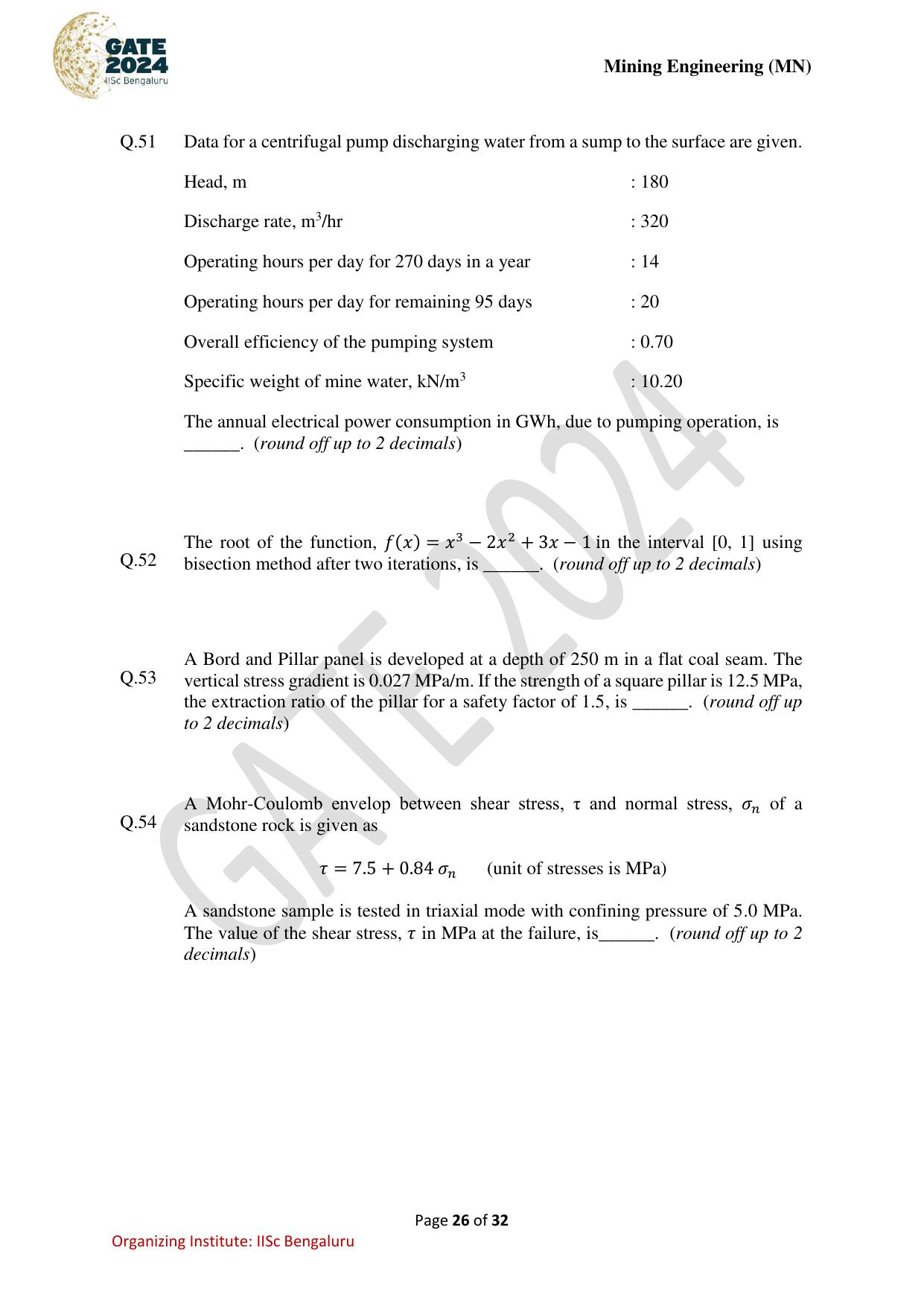 GATE 2024 Mining Engineering (MN) Question Paper - Page 26