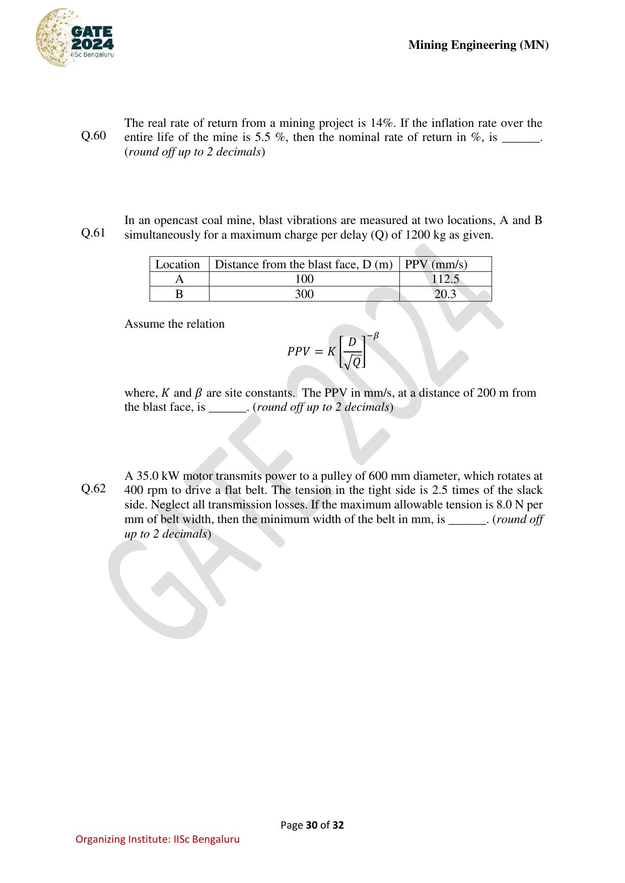 GATE 2024 Mining Engineering (MN) Question Paper - Page 30
