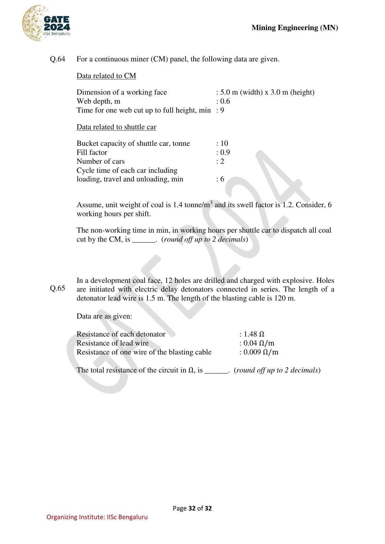 GATE 2024 Mining Engineering (MN) Question Paper - Page 32