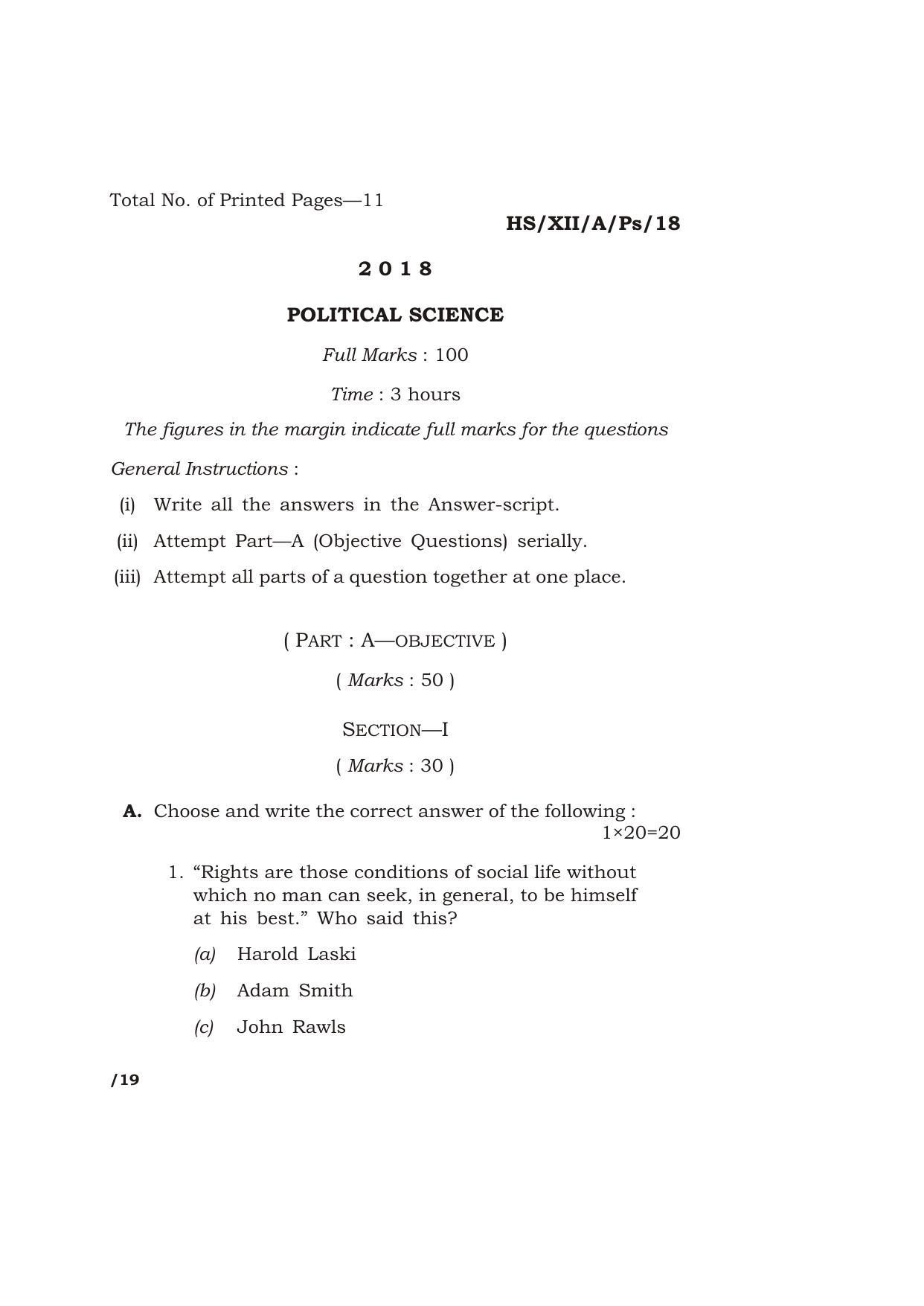 Meghalaya Board (MBOSE) Class 12 POLITICAL SCIENCE 2018 Question Paper - Page 1