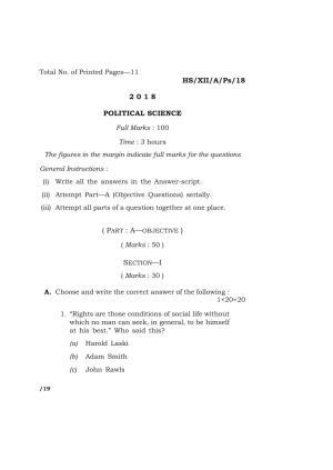Meghalaya Board (MBOSE) Class 12 POLITICAL SCIENCE 2018 Question Paper