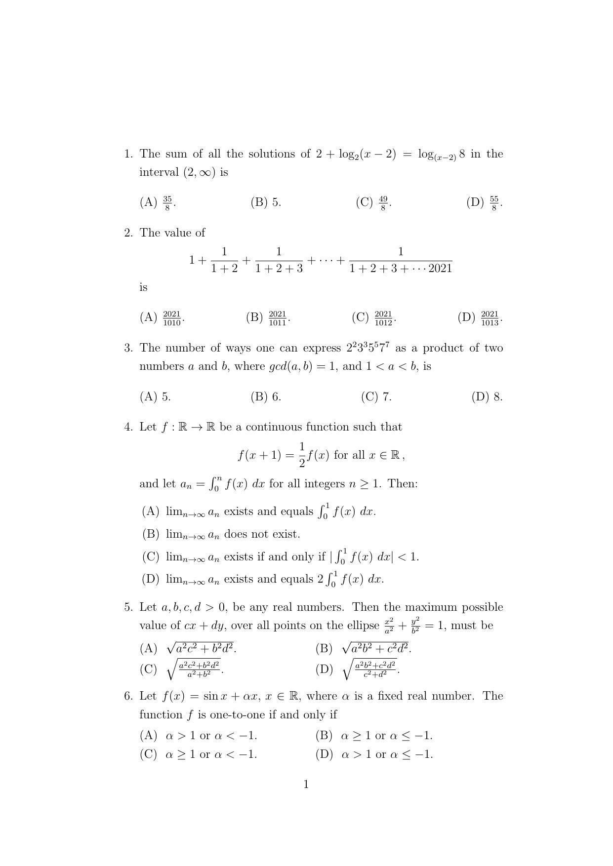 ISI Admission Test B.Math UGA 2021 Sample Paper - Page 1