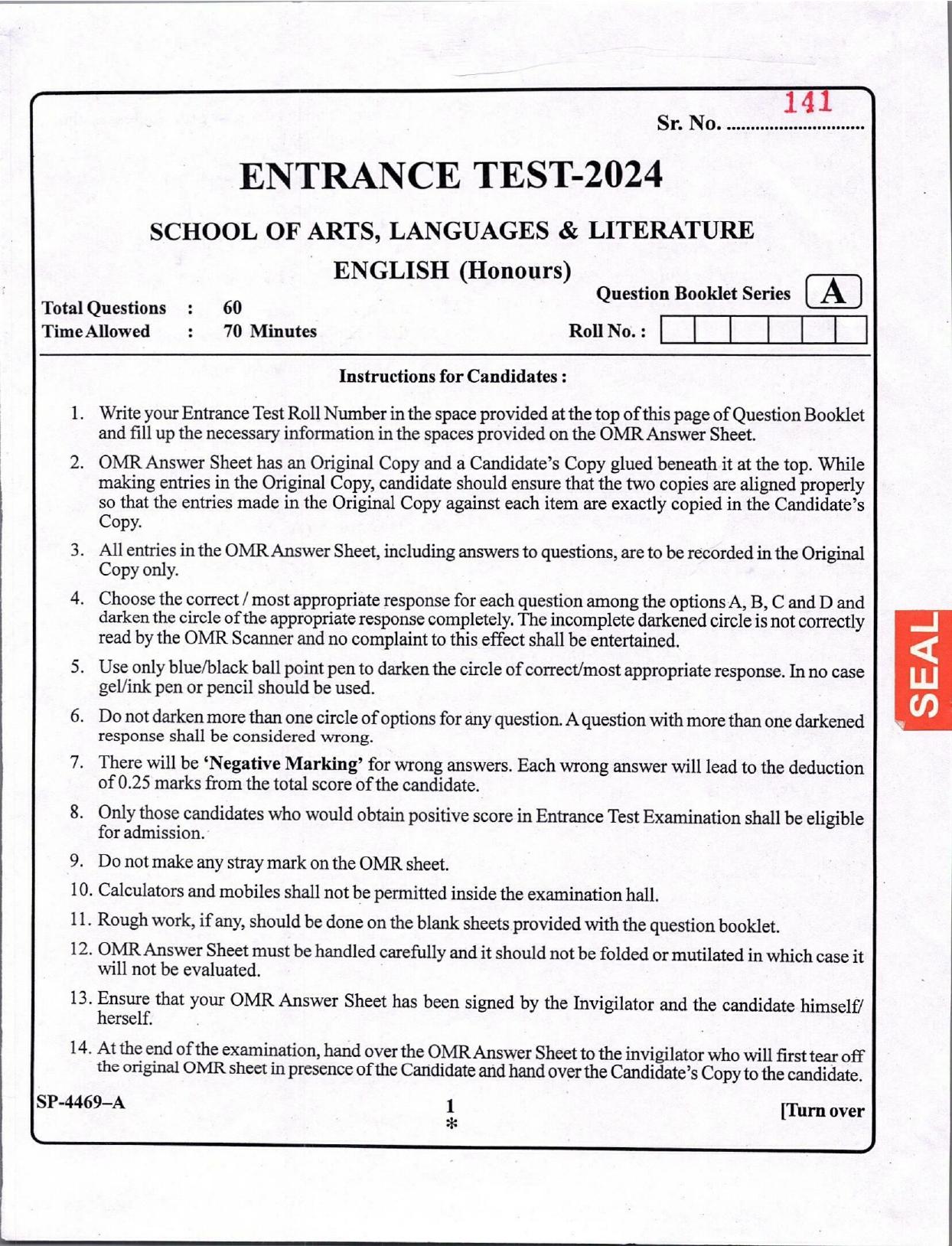 KUET 2024 M.A. English Honors Question Paper - Page 1