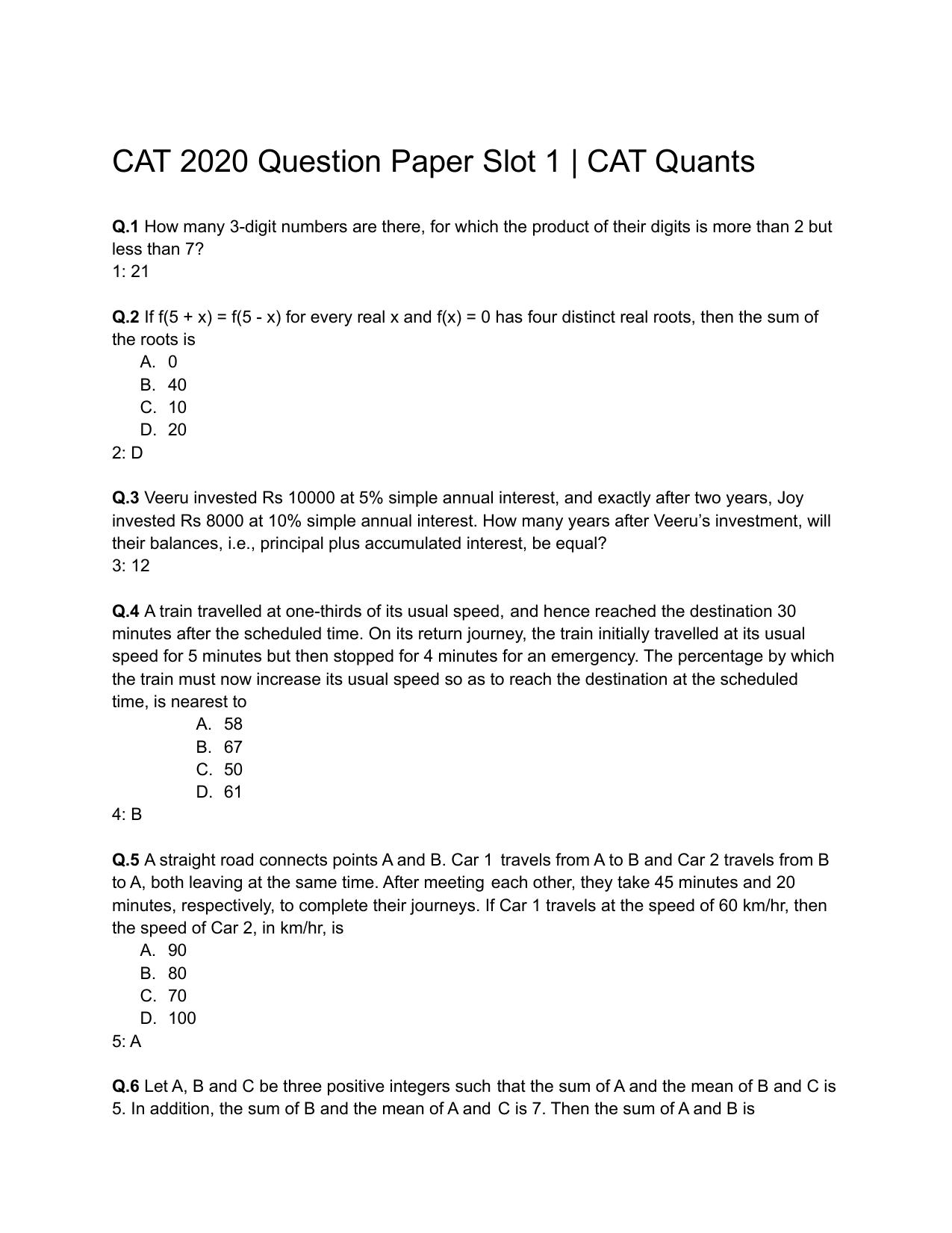 CAT 2020 CAT QA Slot 1 Question Paper - Page 1