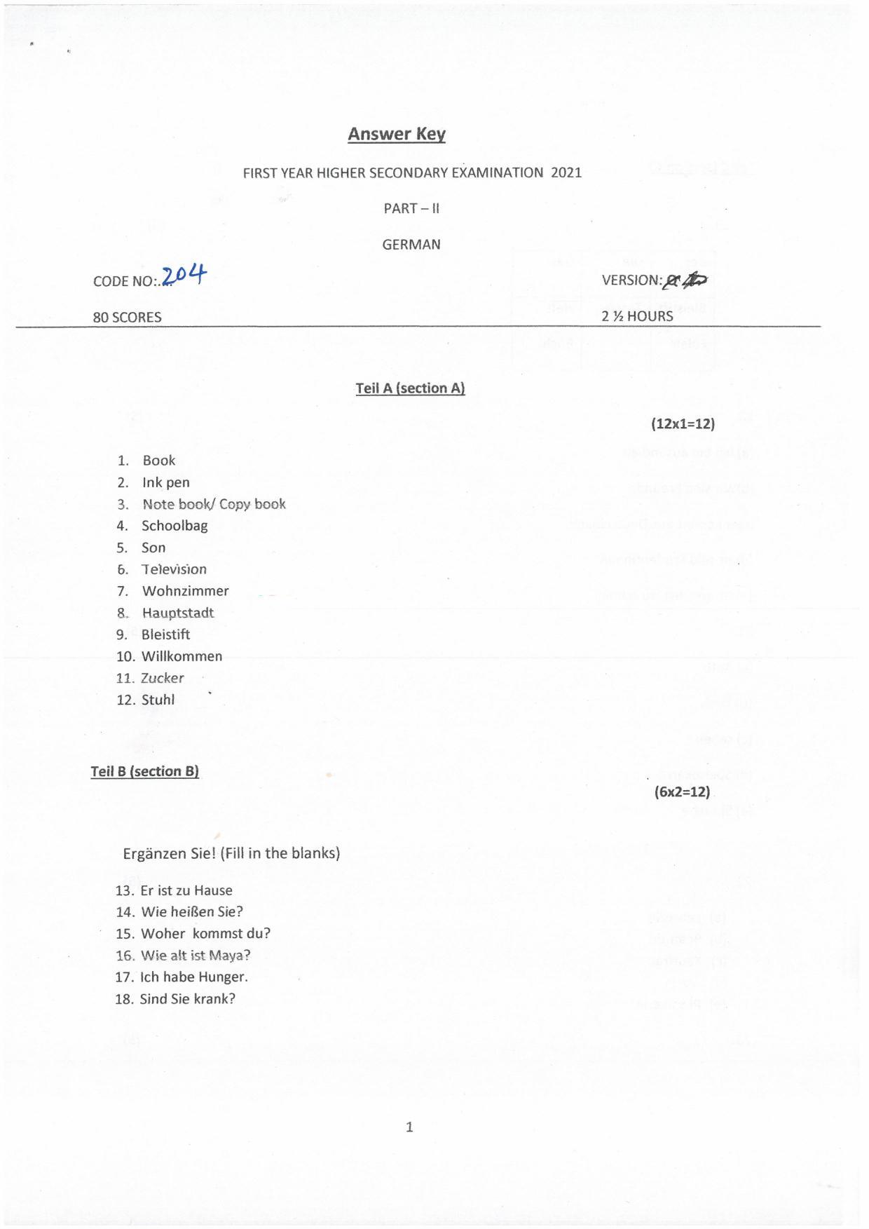 Kerala Plus One (Class 11th) Part-II German Answer Key 2021 - Page 1