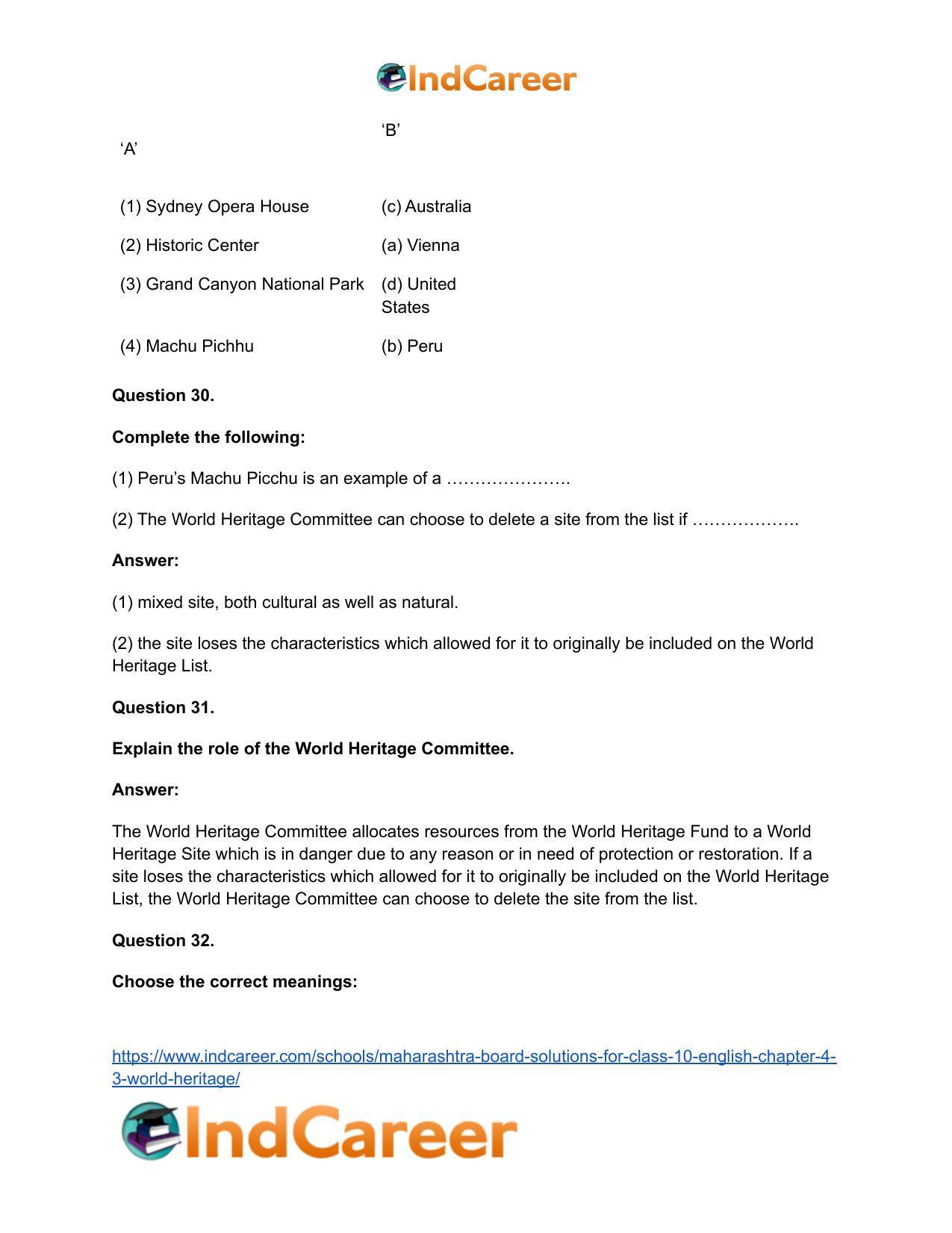 Maharashtra Board Solutions for Class 10- English: Chapter 4.3- World Heritage - Page 31