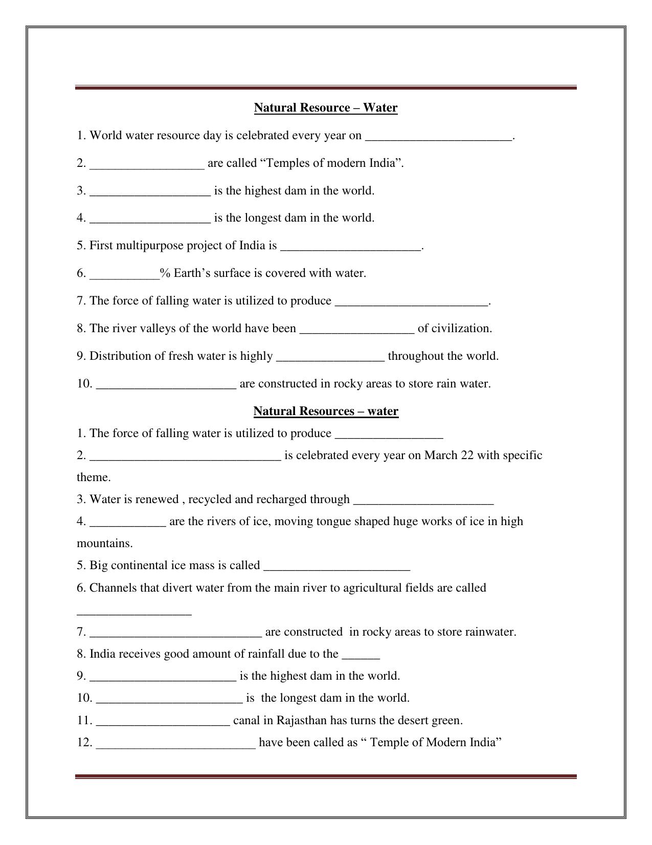 CBSE Worksheets for Class 8 Social Science NATURAL RESOURCE – WATER Assignment - Page 1