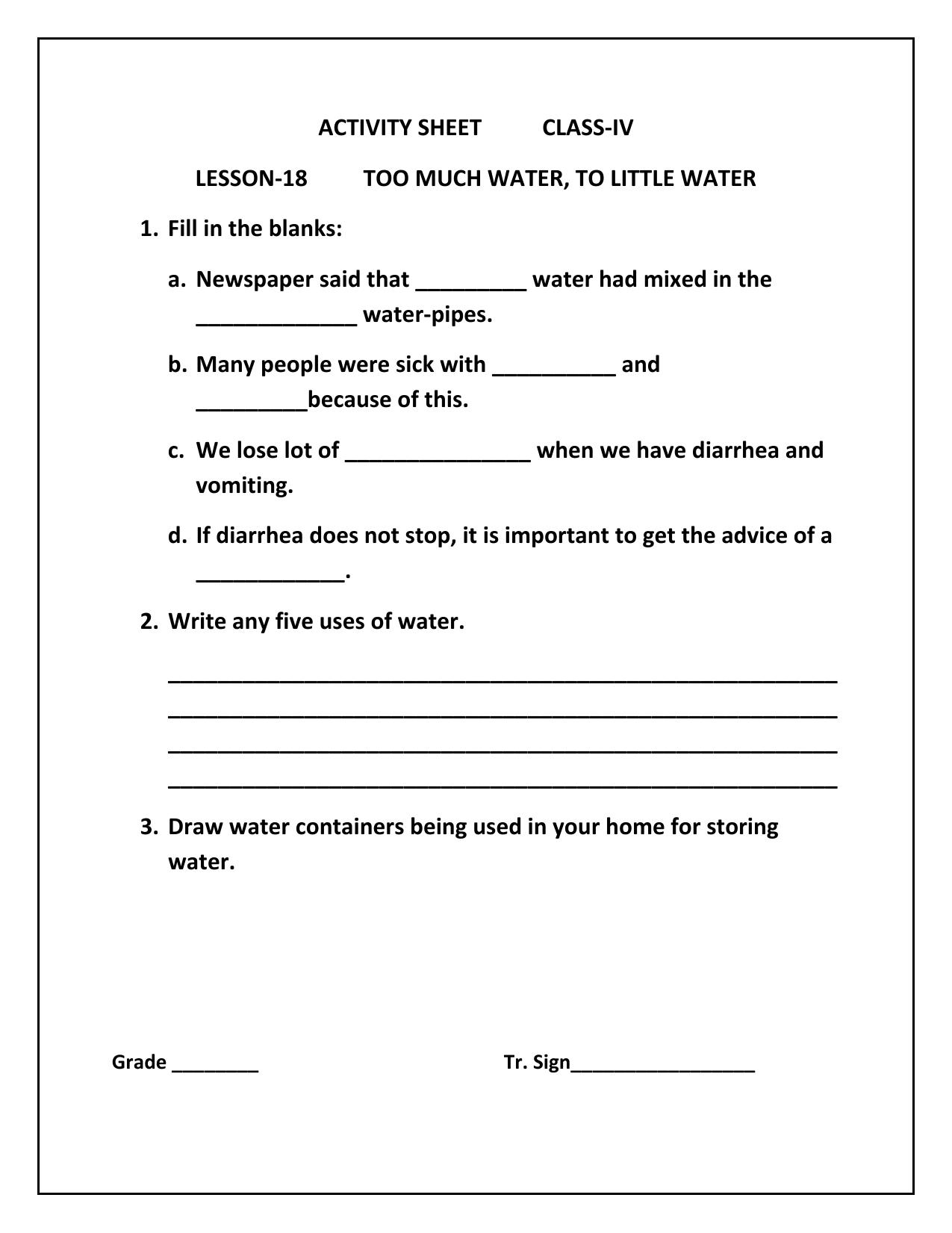 Worksheet for Class 4 Environmental Studies Too Much Water Assignment - Page 1