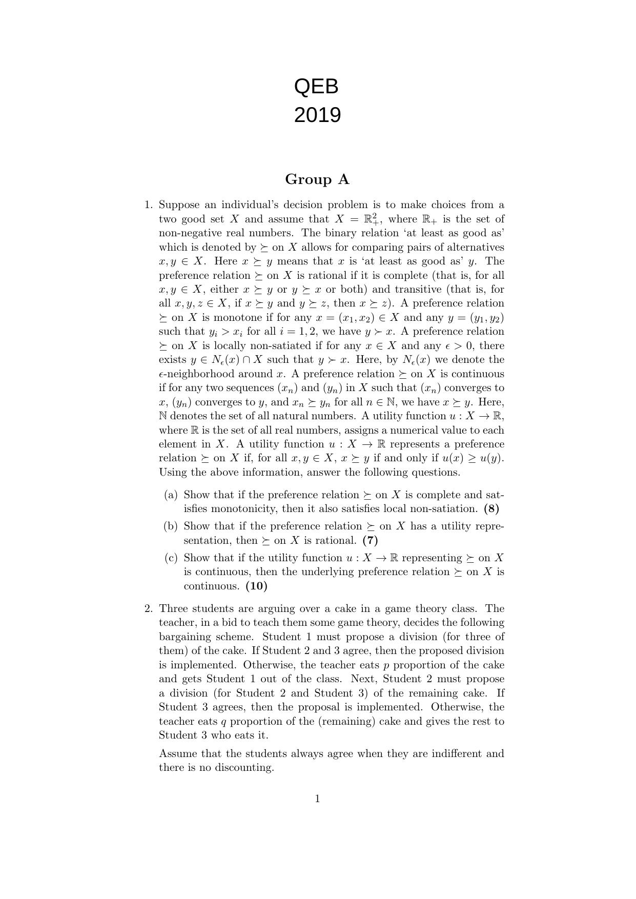 ISI Admission Test JRF in Quantitative Economics QEB 2019 Sample Paper - Page 1