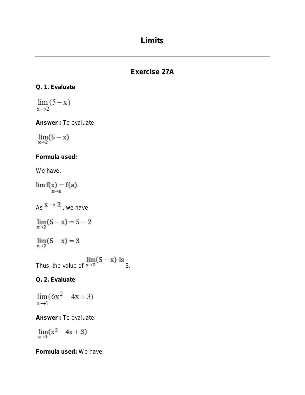 Chapter 27: Limits: RS Aggarwal Class 11 Solutions  - Page 1